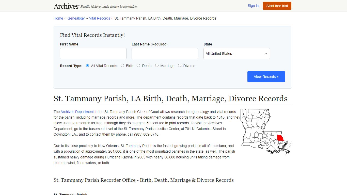 St. Tammany Parish, LA Birth, Death, Marriage, Divorce Records